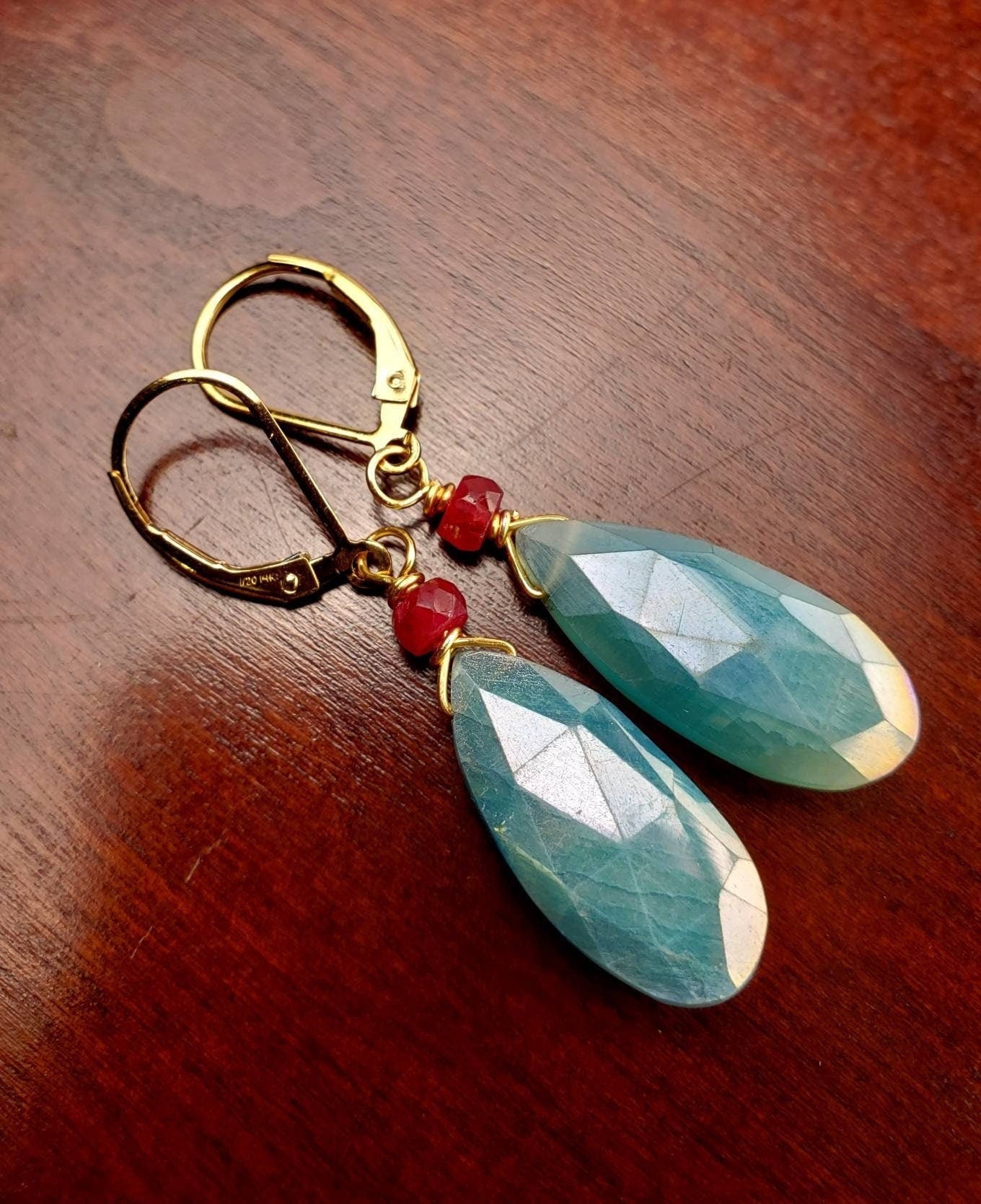 Blue Moonstone Faceted Long Pear Drop 10x21mmWire Wrapped, 4mm Genuine ruby accent 14k Gold Filled or 925 sterling Earring, Elegant Gift