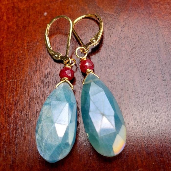 Blue Moonstone Faceted Long Pear Drop 10x21mmWire Wrapped, 4mm Genuine ruby accent 14k Gold Filled or 925 sterling Earring, Elegant Gift