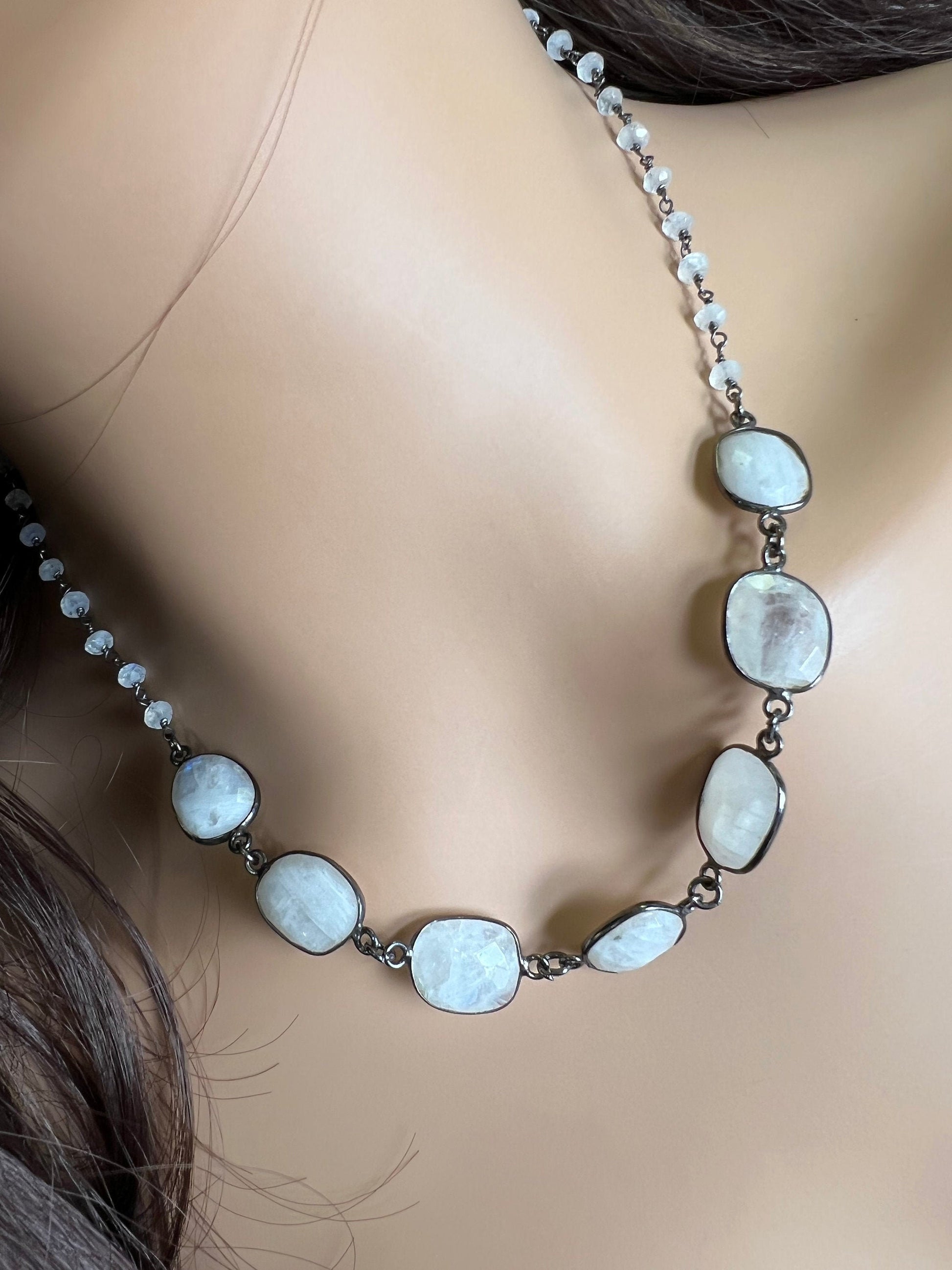 Moonstone Bezel Faceted 12x14mm Oval Gemstone in Oxidized Sterling Silver Chain, Elegant Gift for her