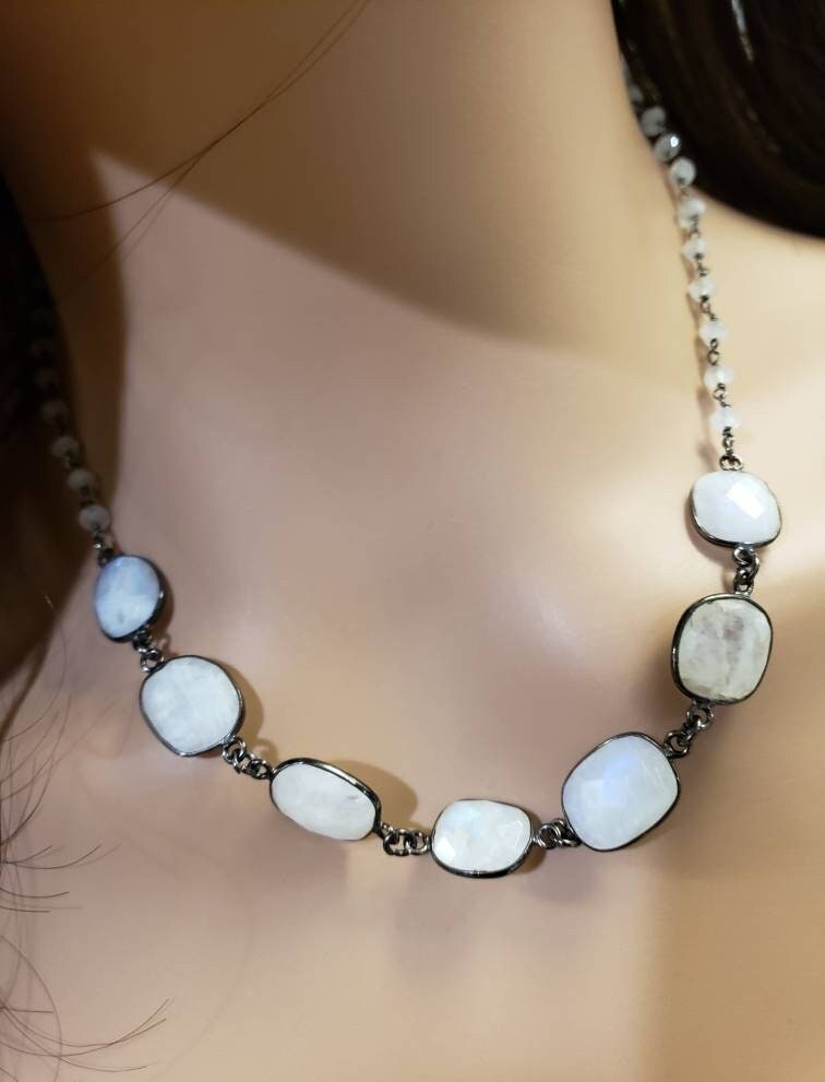 Moonstone Bezel Faceted 12x14mm Oval Gemstone in Oxidized Sterling Silver Chain, Elegant Gift for her