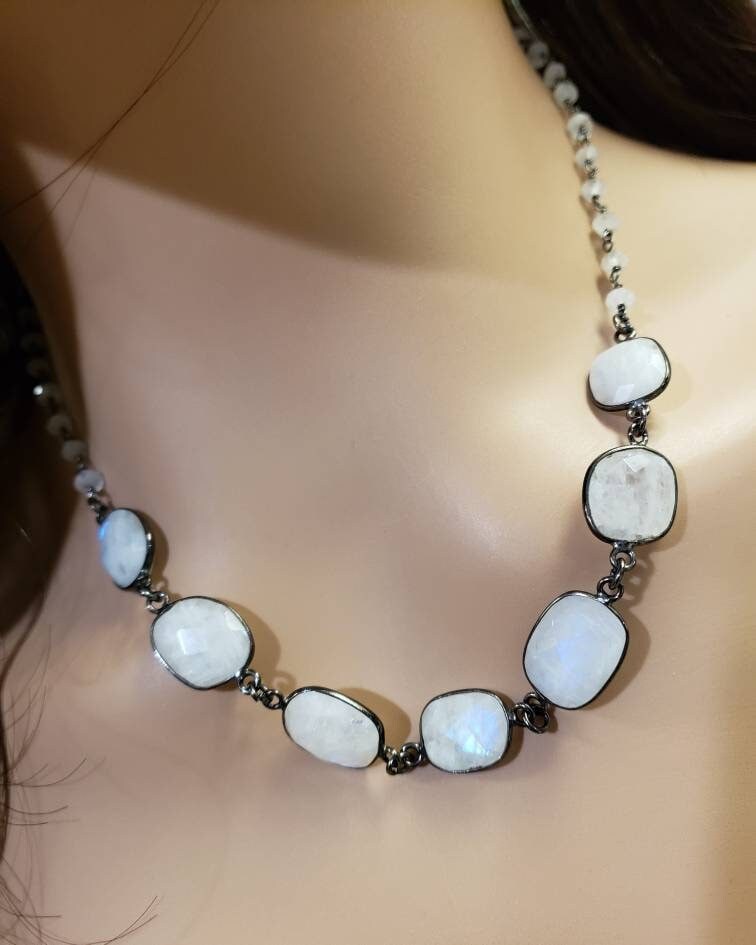 Moonstone Bezel Faceted 12x14mm Oval Gemstone in Oxidized Sterling Silver Chain, Elegant Gift for her