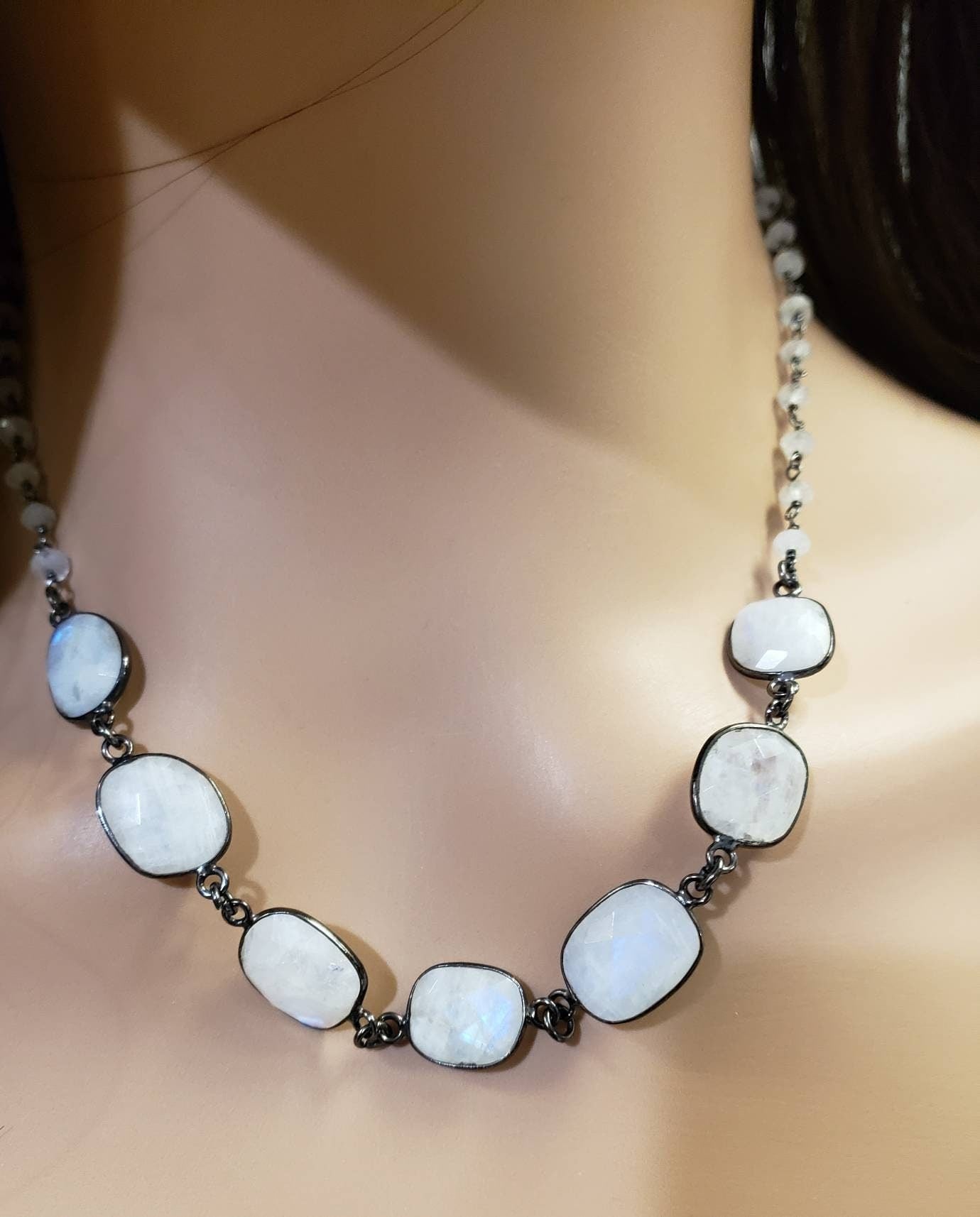 Moonstone Bezel Faceted 12x14mm Oval Gemstone in Oxidized Sterling Silver Chain, Elegant Gift for her