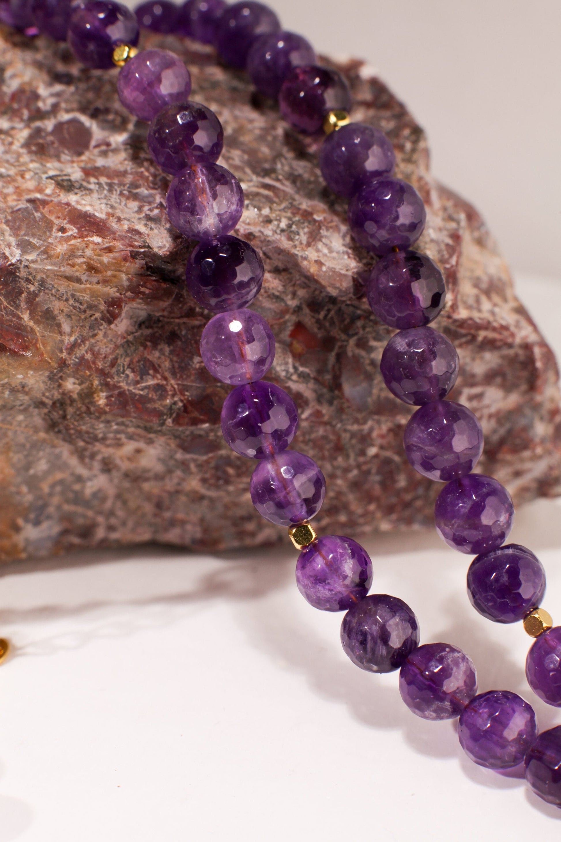 Natural Amethyst Purple 8mm Faceted Double Layered Front and 4mm Faceted Back Total 18&quot; and 20&quot; 2 Layer Gold Necklace Plus 2&quot; Extension