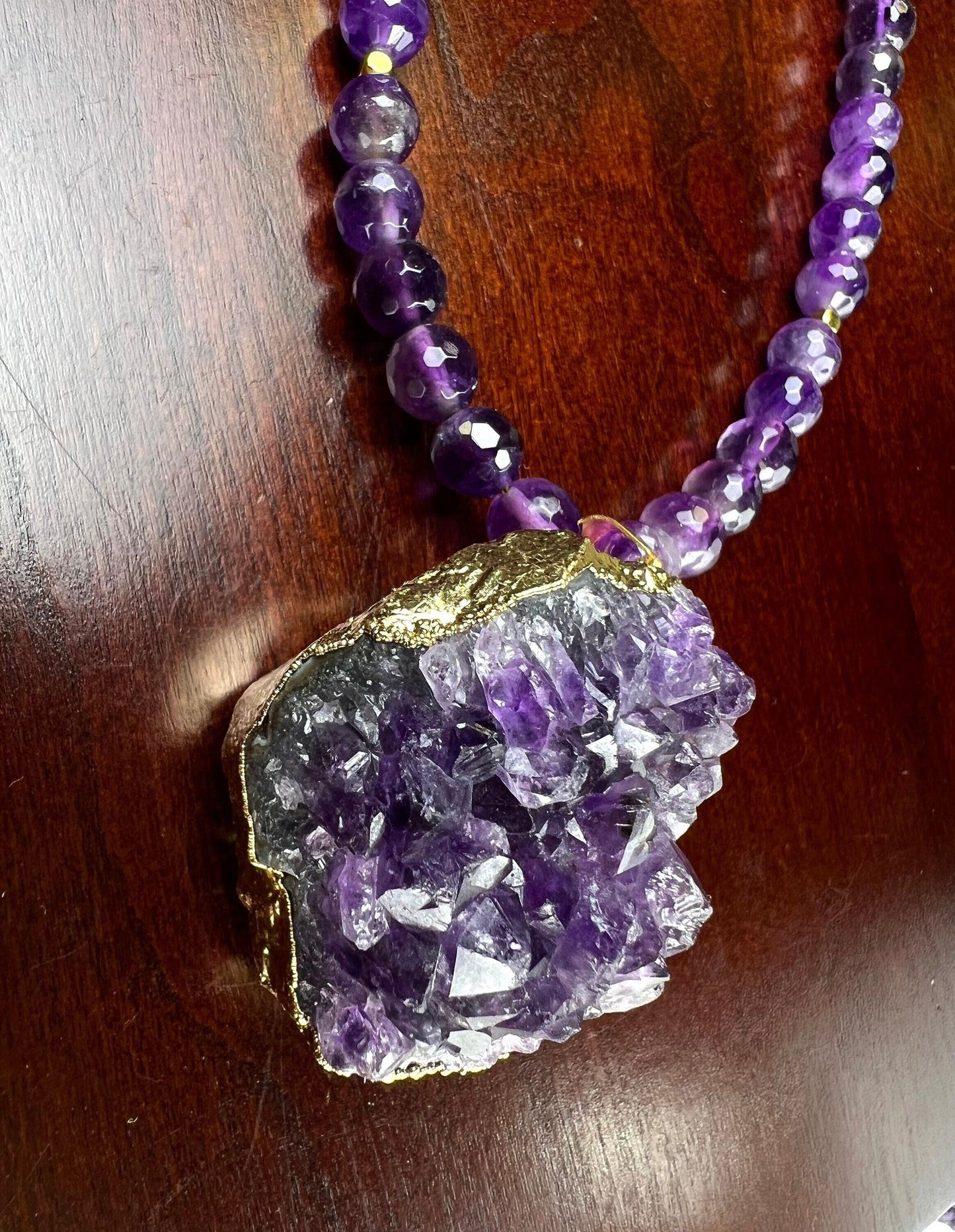 Amethyst Geode Gold Plated Druzy Chunk 36x41mm long , 23mm thick Pendant, 8mm Natural Faceted Amethyst bead 18” Necklace 2&quot; Extension Chain