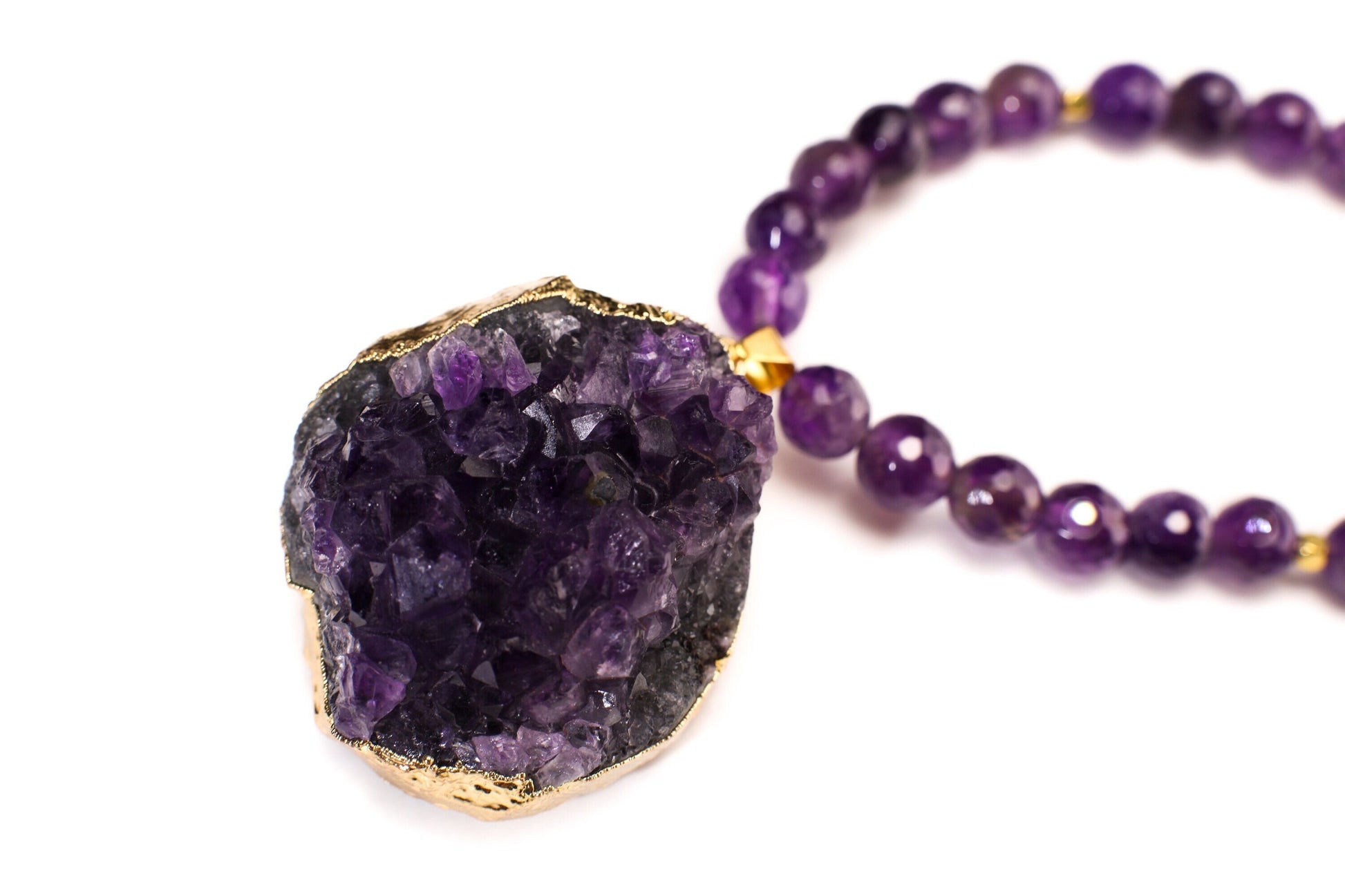 Amethyst Geode Gold Plated Druzy Chunk 36x41mm long , 23mm thick Pendant, 8mm Natural Faceted Amethyst bead 18” Necklace 2&quot; Extension Chain