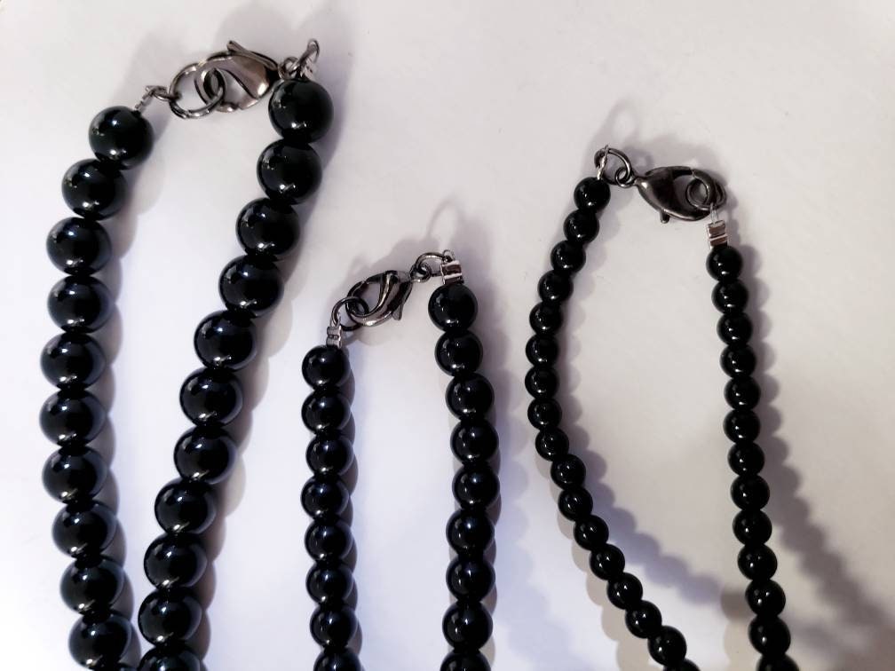 Black Onyx 4,6,8mm smooth polished round AAA quality natural gemstone, matching Black oxidized Silver lobster clasp Men&#39;s Necklace 20&quot;-46&quot;