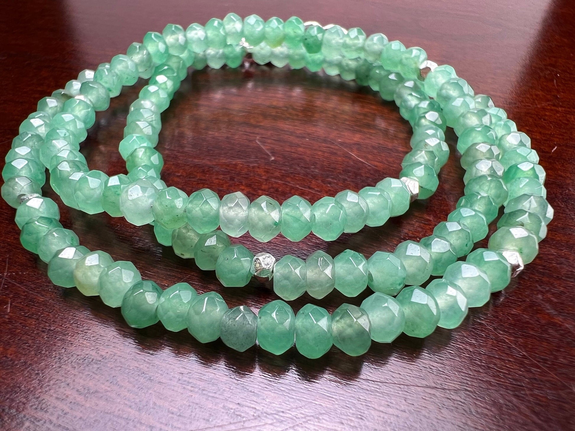 Green Aventurine 4mm faceted beaded choker, Faceted silver spacer layering necklace, Chakra energy gift