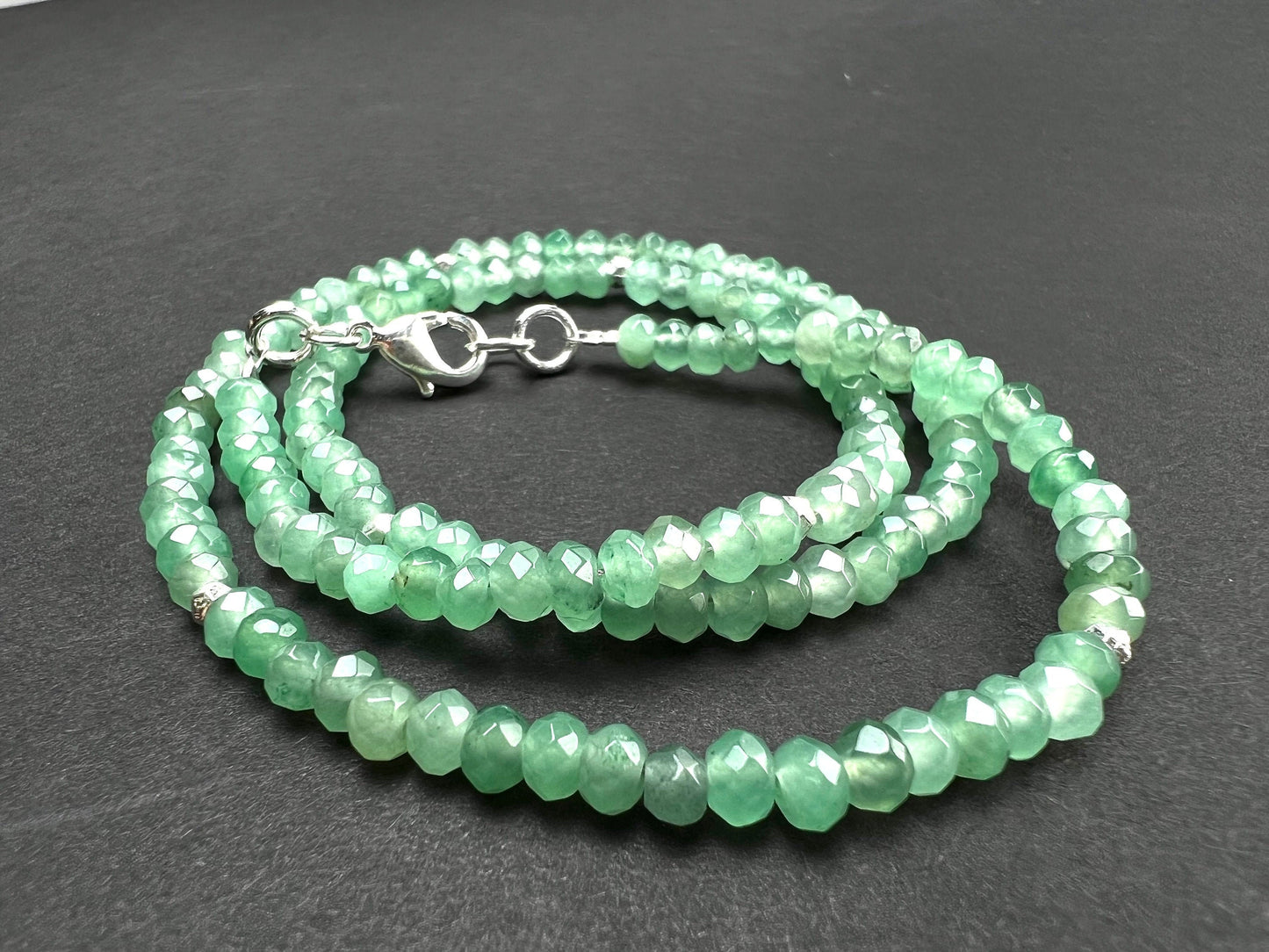 Green Aventurine 4mm faceted beaded choker, Faceted silver spacer layering necklace, Chakra energy gift