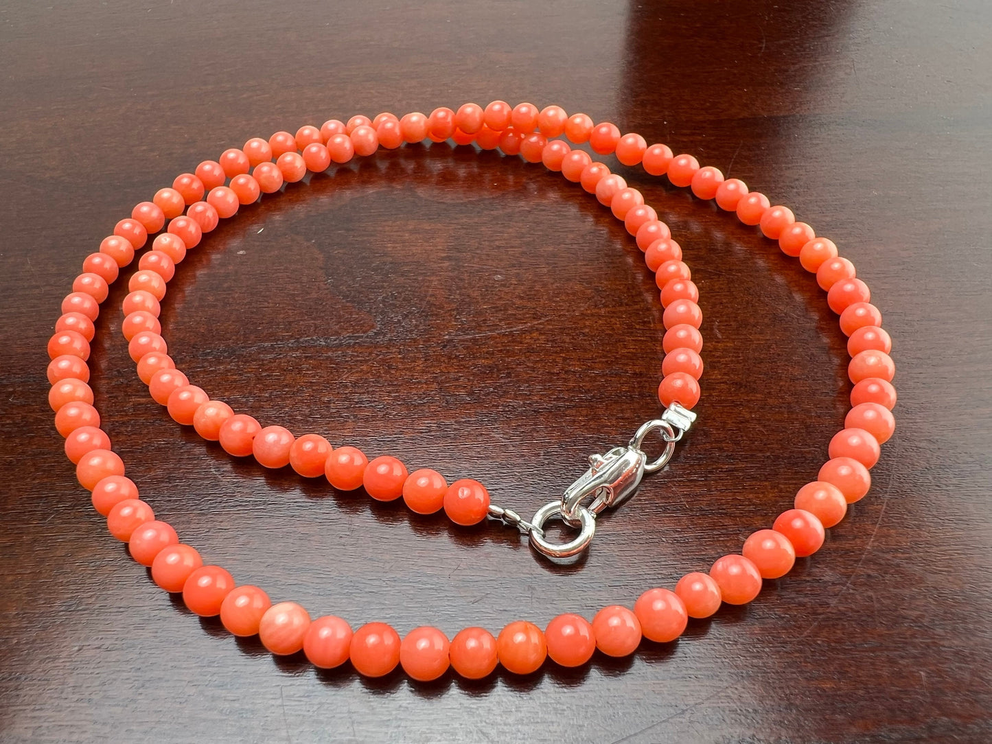 Natural Bamboo Coral 4mm salmon pink pitchy orange color Smooth Round Angel Skin Coral AAA Quality handmade silver necklace Beach, boho gift