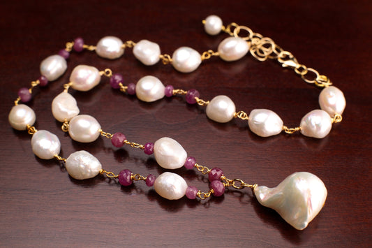 Genuine Freshwater Baroque Pearl, Ruby Faceted Rondelle Spacers, 25mm Baroque Pearl Pendant 14K Gold Filled Necklace