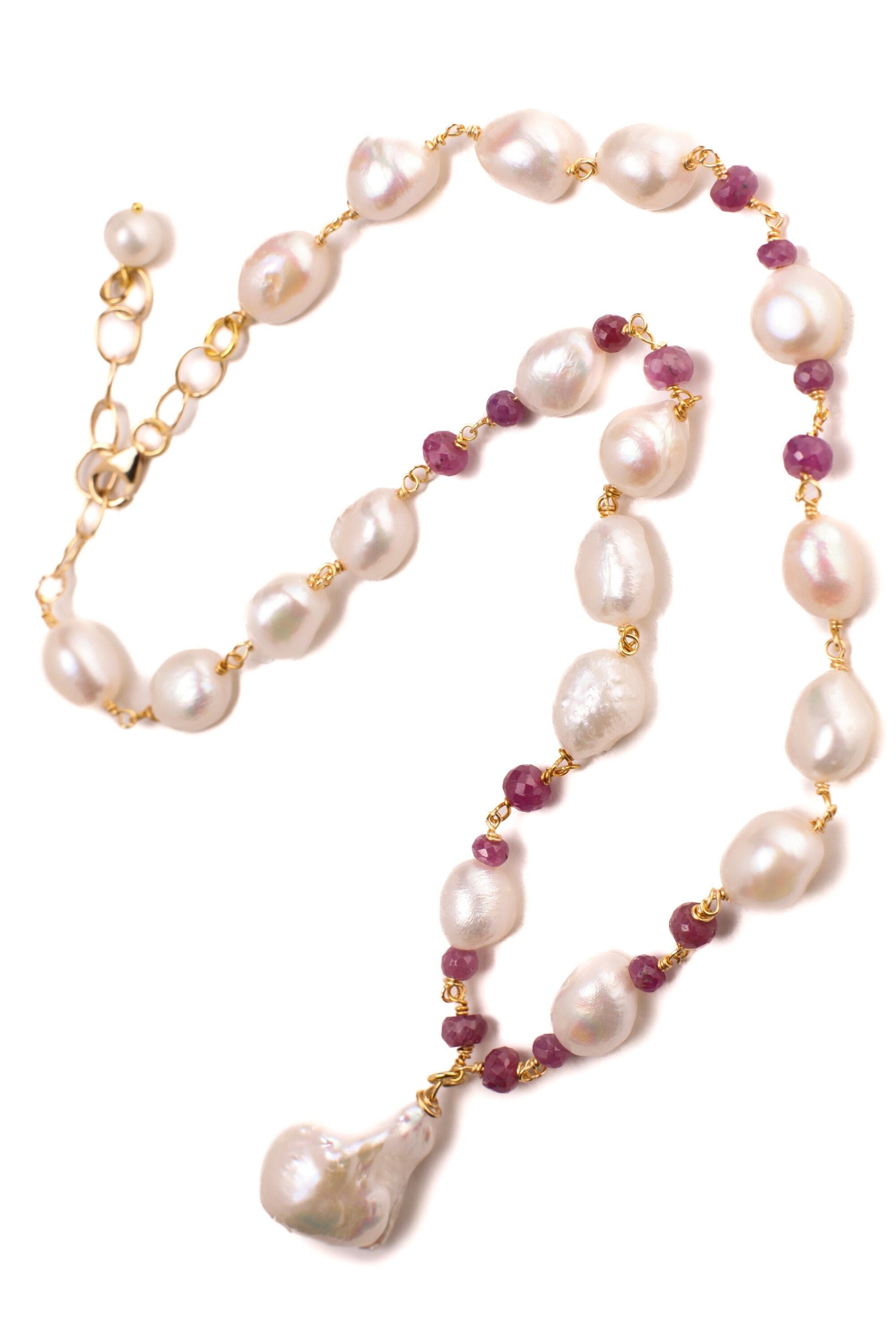 Genuine Freshwater Baroque Pearl, Ruby Faceted Rondelle Spacers, 25mm Baroque Pearl Pendant 14K Gold Filled Necklace