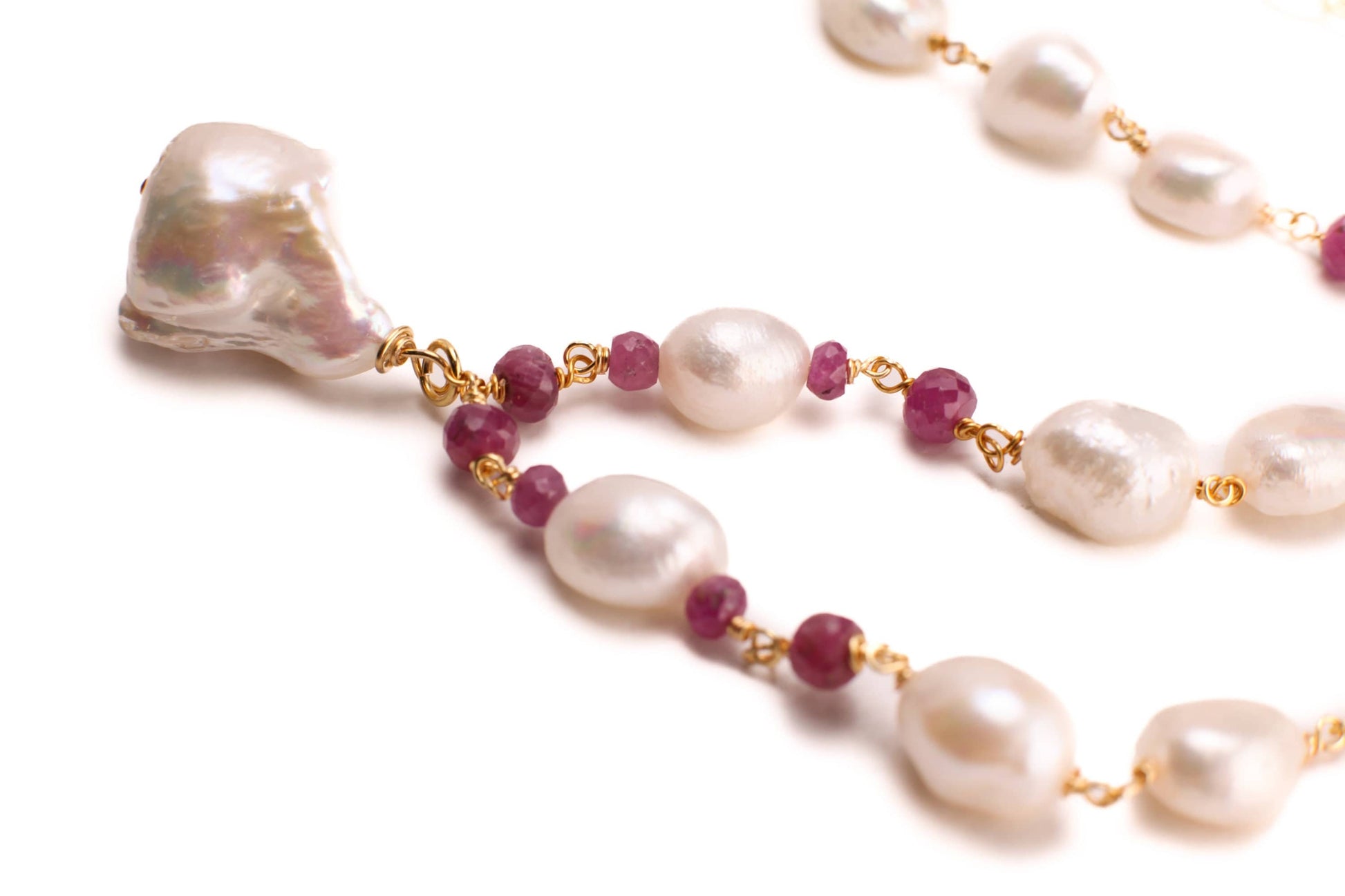 Genuine Freshwater Baroque Pearl, Ruby Faceted Rondelle Spacers, 25mm Baroque Pearl Pendant 14K Gold Filled Necklace