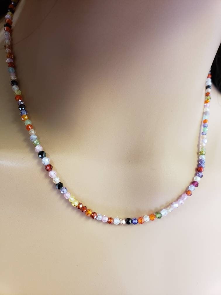 Multi Cubic Zirconia Micro Faceted 3mm CZ Round AAA sparkly Beaded choker layering necklace. Multi color happy gift for her