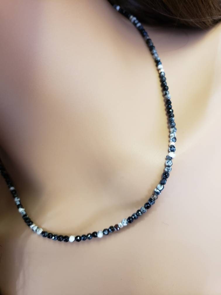 Black and white Madagascar fire agate Micro Faceted 3mm Round AAA Beaded choker layering necklace gift for Men and woman