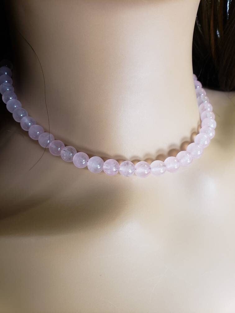 Natiral Rose Quartz 8mm smooth Round 8mm beaded Rose Gold Necklace . Soft pink Gemstone for Love valentine gift