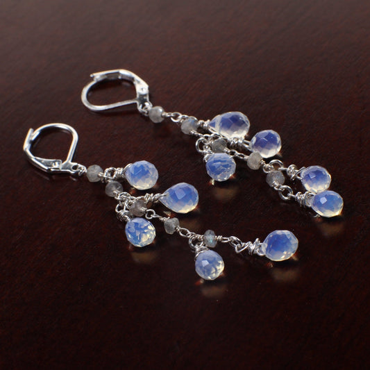 Opalite Faceted Briolette Drop 7x9mm Dangling with Labradorite Rondelle in Silver Leverback Earrings