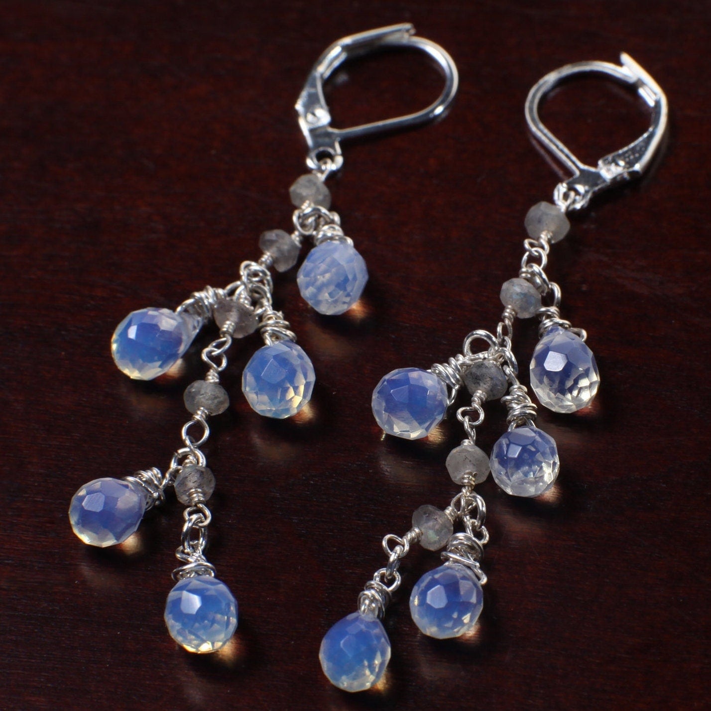 Opalite Faceted Briolette Drop 7x9mm Dangling with Labradorite Rondelle in Silver Leverback Earrings