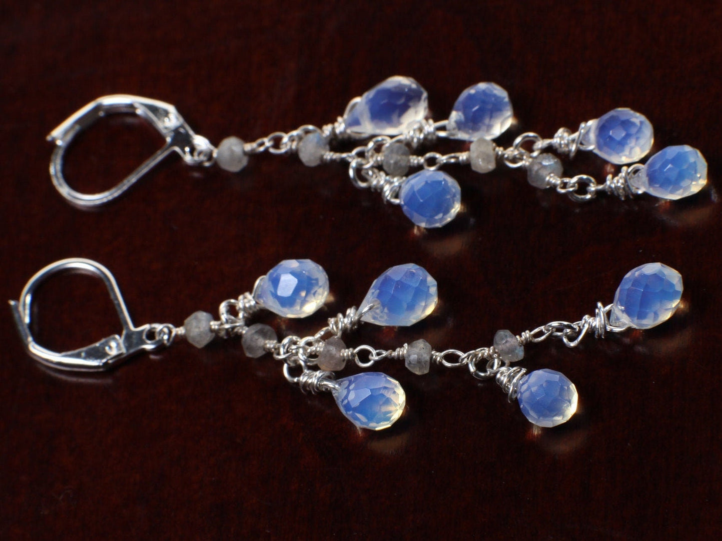 Opalite Faceted Briolette Drop 7x9mm Dangling with Labradorite Rondelle in Silver Leverback Earrings