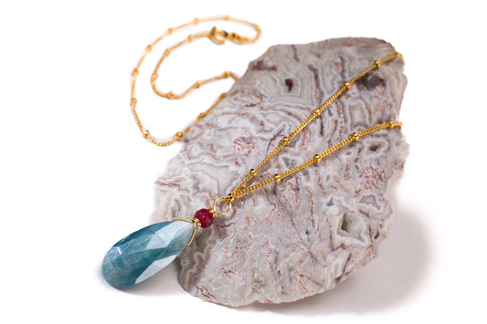 Genuine Blue Moonstone Faceted Long Pear Drop 10x21mm, 4mm Genuine Ruby accent 14k Gold Filled Satellite Howl Necklace
