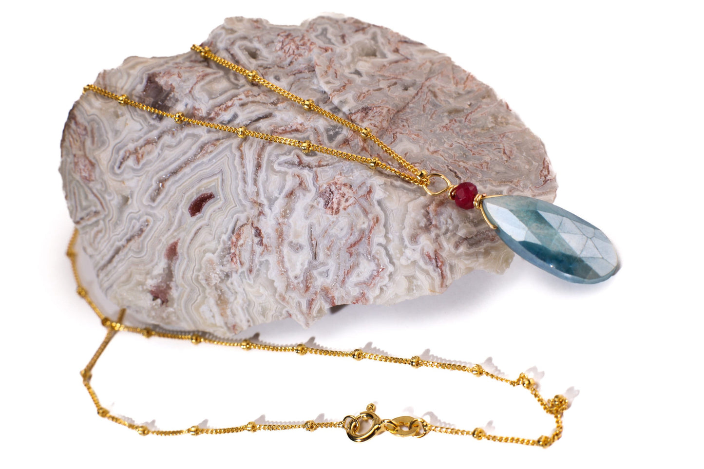 Genuine Blue Moonstone Faceted Long Pear Drop 10x21mm, 4mm Genuine Ruby accent 14k Gold Filled Satellite Howl Necklace