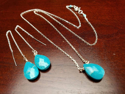 Genuine Arizona Blue Turquoise Faceted drop 8x12mm,925 Sterling Silver chain Necklace and threader Earring set , Minimalist precious gift