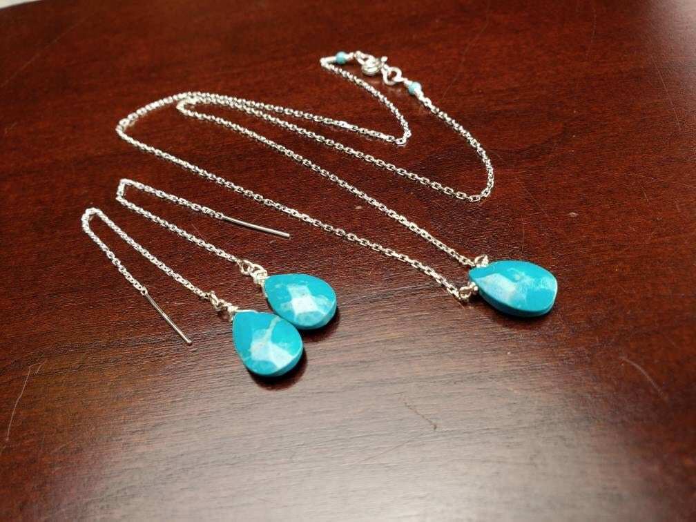 Genuine Arizona Blue Turquoise Faceted drop 8x12mm,925 Sterling Silver chain Necklace and threader Earring set , Minimalist precious gift