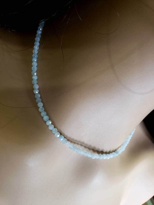 Aquamarine milky micro faceted 3.5mm round ,925 Sterling silver, handmade necklace for Man and Woman Gift