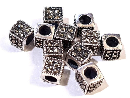 Marcasite 925 sterling silver 6mm Cube shape vintage Antique spacer block bead, 3.4mm Inner Diameter, jewelry making spacer bead.