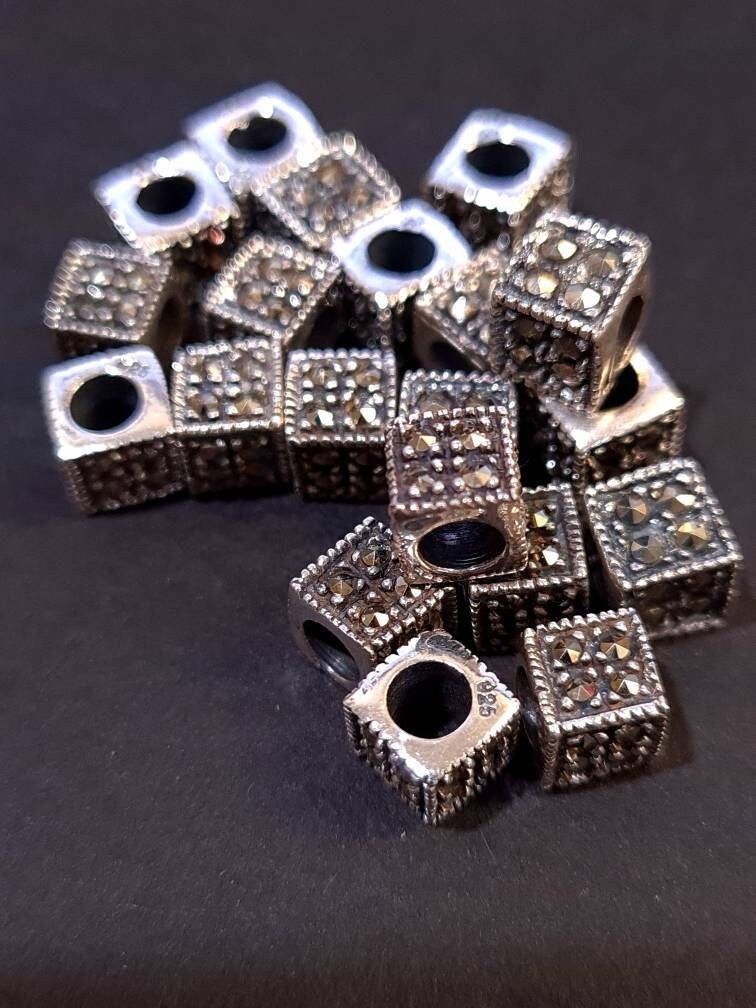 Marcasite 925 sterling silver 6mm Cube shape vintage Antique spacer block bead, 3.4mm Inner Diameter, jewelry making spacer bead.