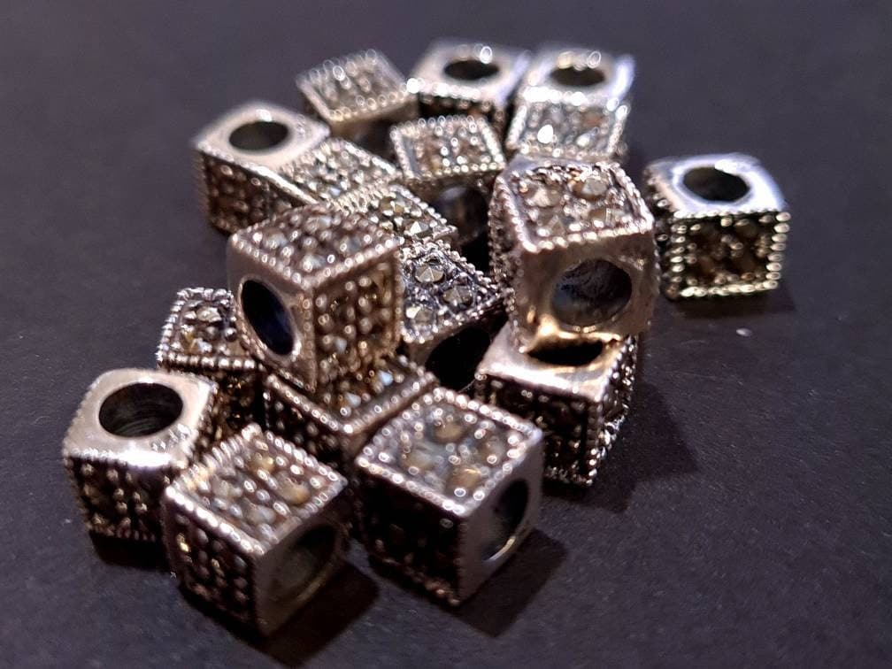 Marcasite 925 sterling silver 6mm Cube shape vintage Antique spacer block bead, 3.4mm Inner Diameter, jewelry making spacer bead.