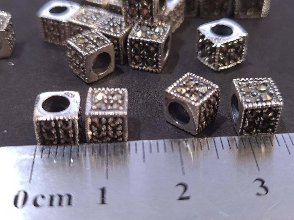 Marcasite 925 sterling silver 6mm Cube shape vintage Antique spacer block bead, 3.4mm Inner Diameter, jewelry making spacer bead.