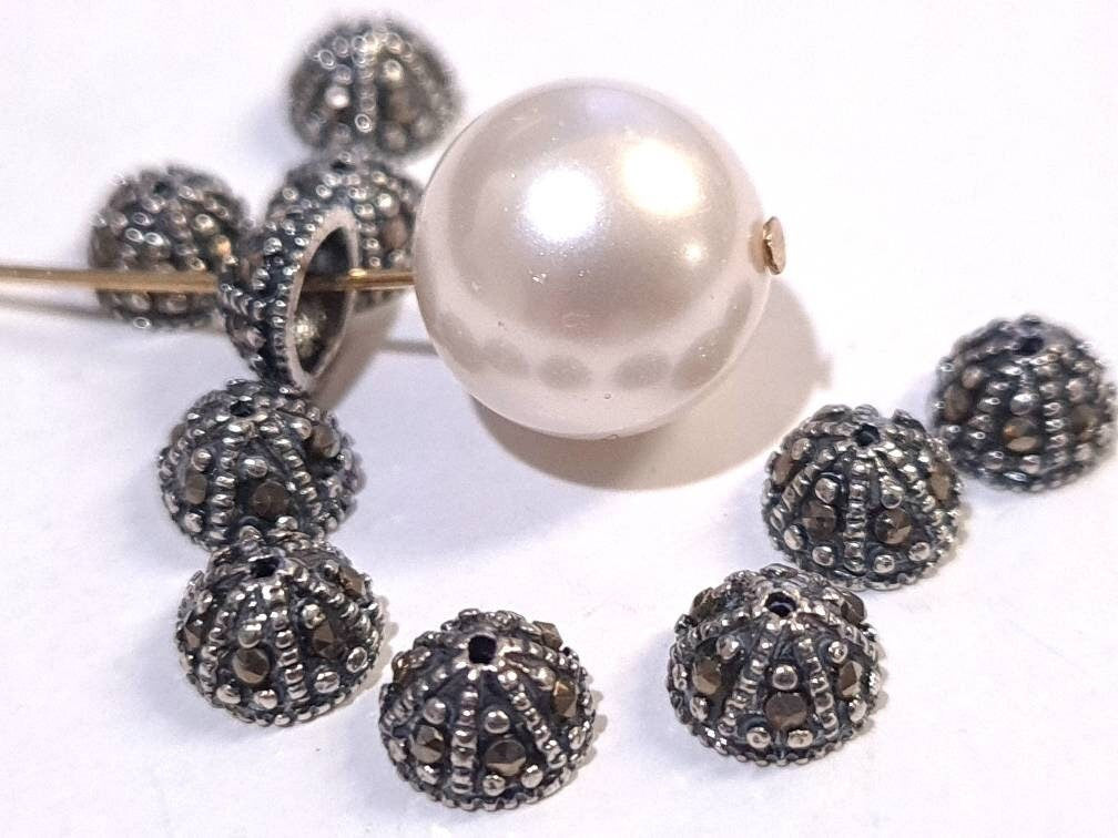 2 pieces Marcasite 925 sterling silver vintage 6.5mm bead cap, jewelry making antique finished Marcasite cap for bracelet necklace earrings