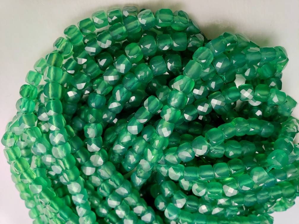 Genuine Green Onyx Faceted 5mm Square cube Dice shape beads for jewelry making 12.5" full strand, approx 65 pcs cube beads
