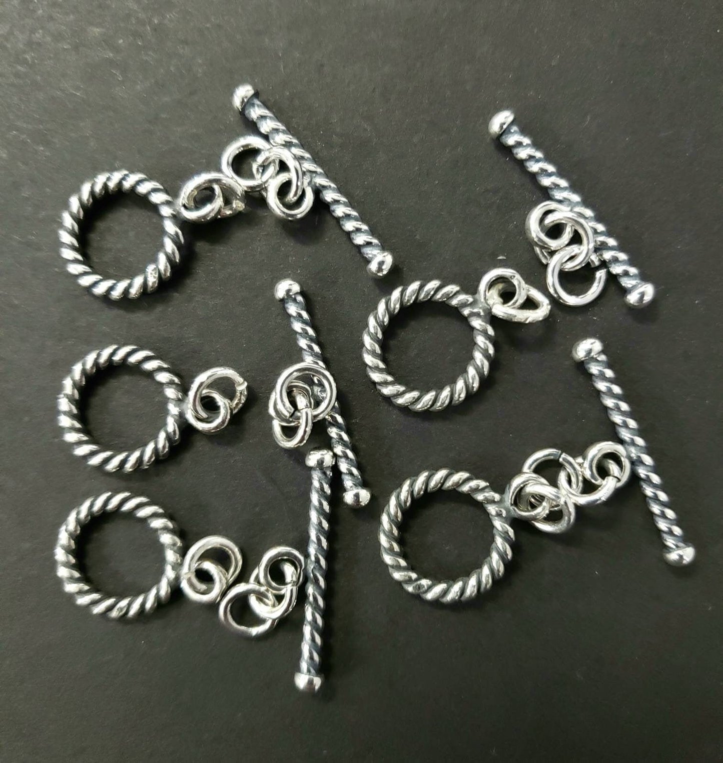 2 sets 925 sterling silver Bali 10.5mm round rope toggle clasp. Vintage Handmade antique finished Bali toggle for Jewelry making supplies.