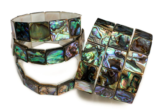 Genuine Abalone Paua Shell 16mm Double Drilled Vintage 7&quot; Elastic Stretchy Bracelet