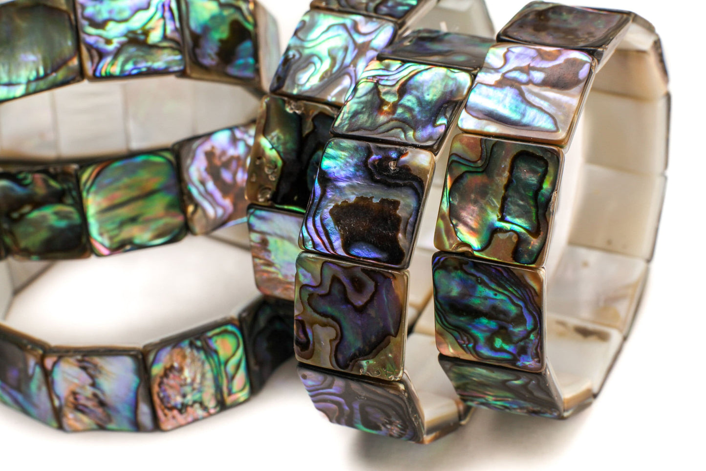 Genuine Abalone Paua Shell 16mm Double Drilled Vintage 7&quot; Elastic Stretchy Bracelet