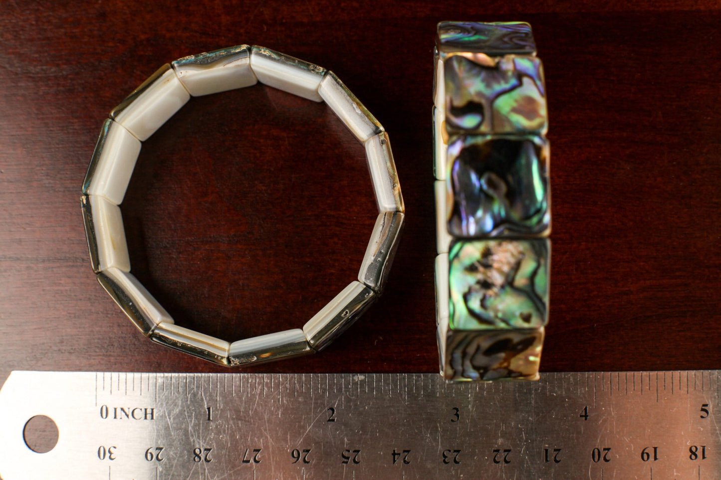 Genuine Abalone Paua Shell 16mm Double Drilled Vintage 7&quot; Elastic Stretchy Bracelet