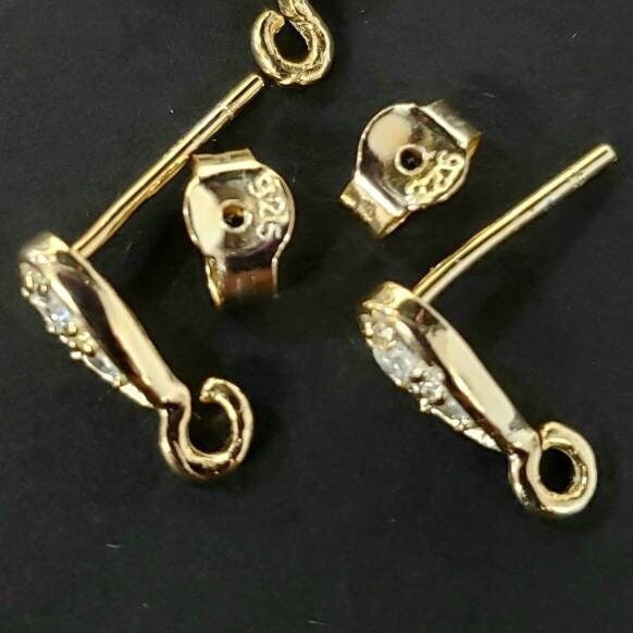 1 pair 18k gold vermeil 925 sterling silver cubic zirconia cz drop fancy earring post findings. 11mm long earrings making post .