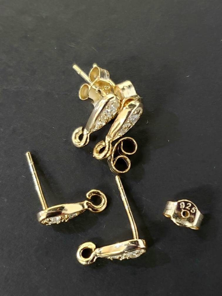 1 pair 18k gold vermeil 925 sterling silver cubic zirconia cz drop fancy earring post findings. 11mm long earrings making post .