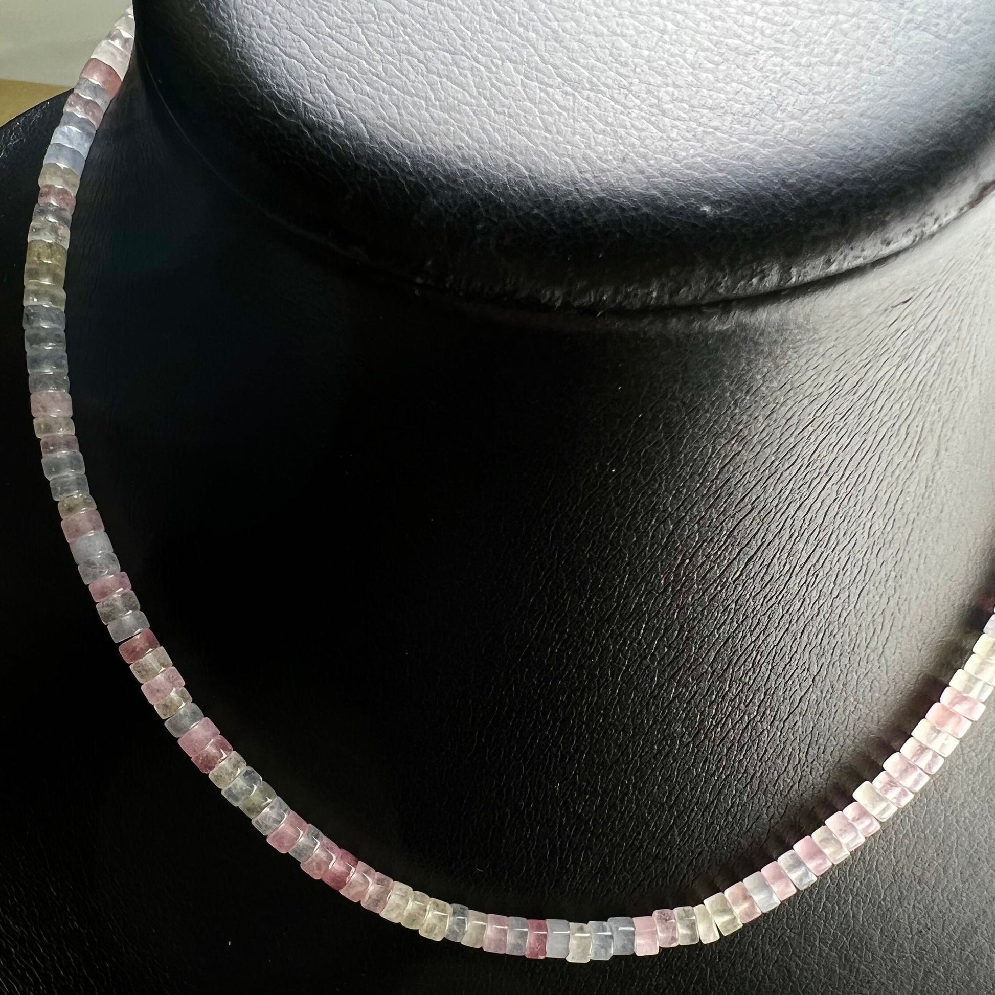 Morganite Heishi Roundel 4-5mm beautiful Baby Pink Blue Necklace for Man and Woman in Silver Lobster Clas , Beach Boho Summer Gift