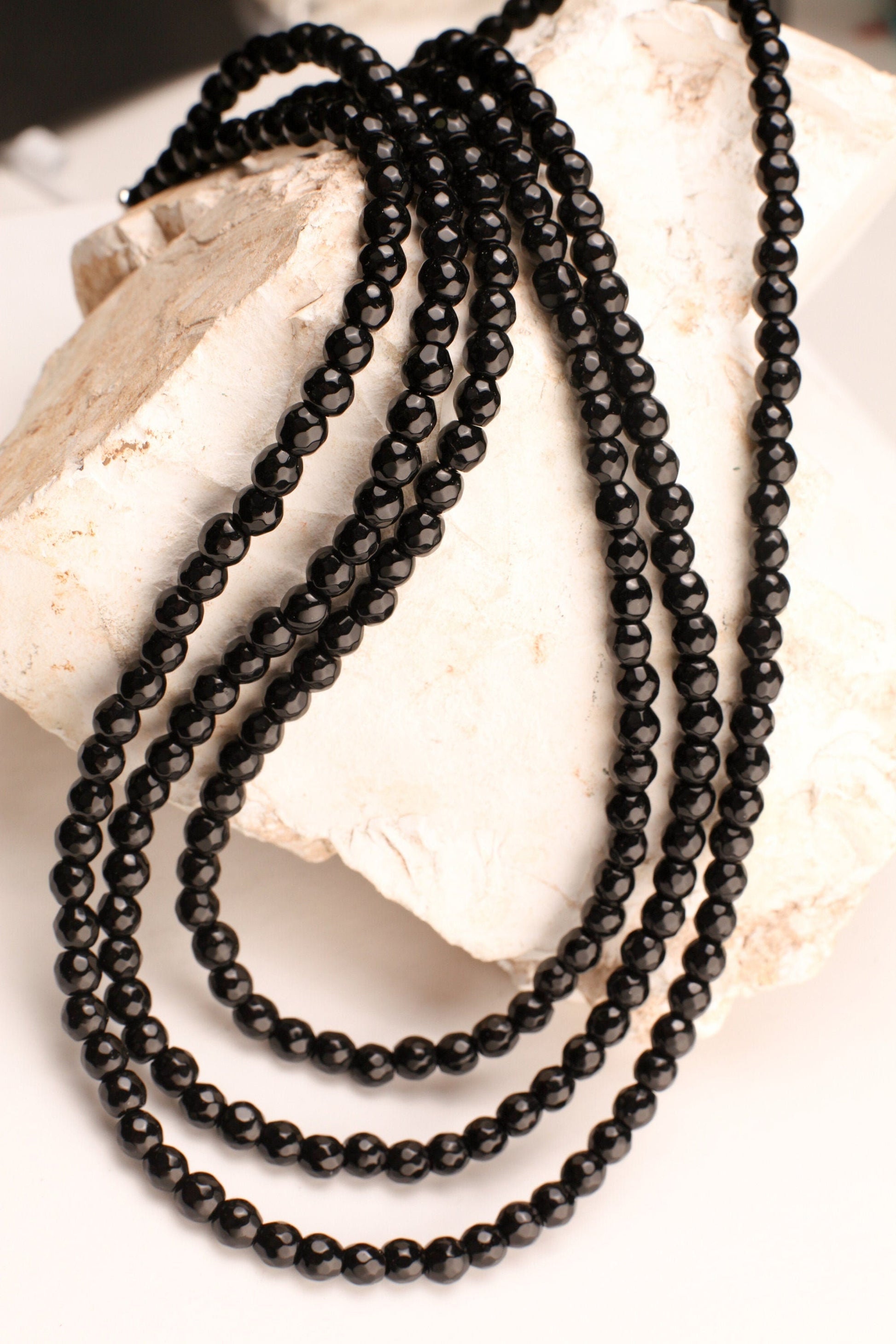 Black Onyx 6mm Faceted round 3 Line Adjustable Necklace, Natural Black Onyx Gemstone Black Beads 18.5&quot; Layering Necklace with 2&quot; Extender