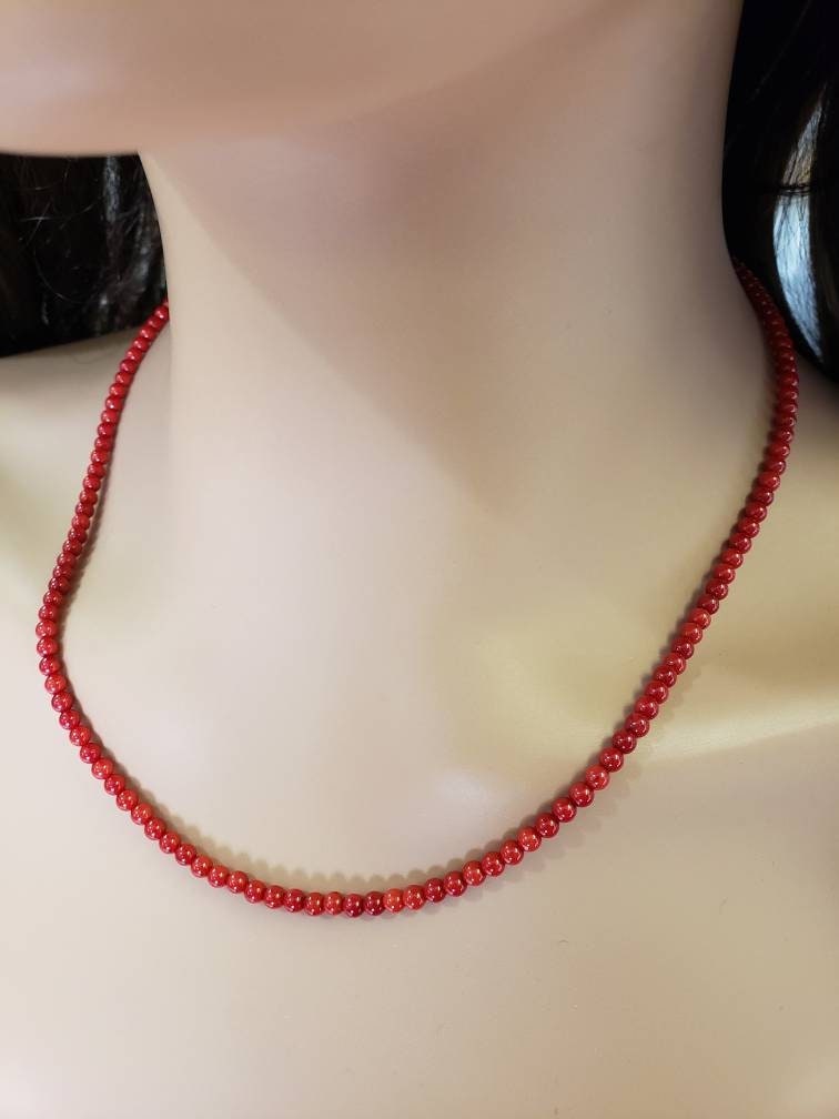 Bamboo Coral Red 4mm Smooth Round Genuine AAA Quality Necklace silver Lobster Clasp, Beach, Boho Gift for her,October Birthstone