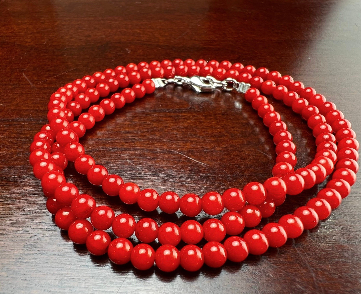 Bamboo Coral Red 4mm Smooth Round Genuine AAA Quality Necklace silver Lobster Clasp, Beach, Boho Gift for her,October Birthstone