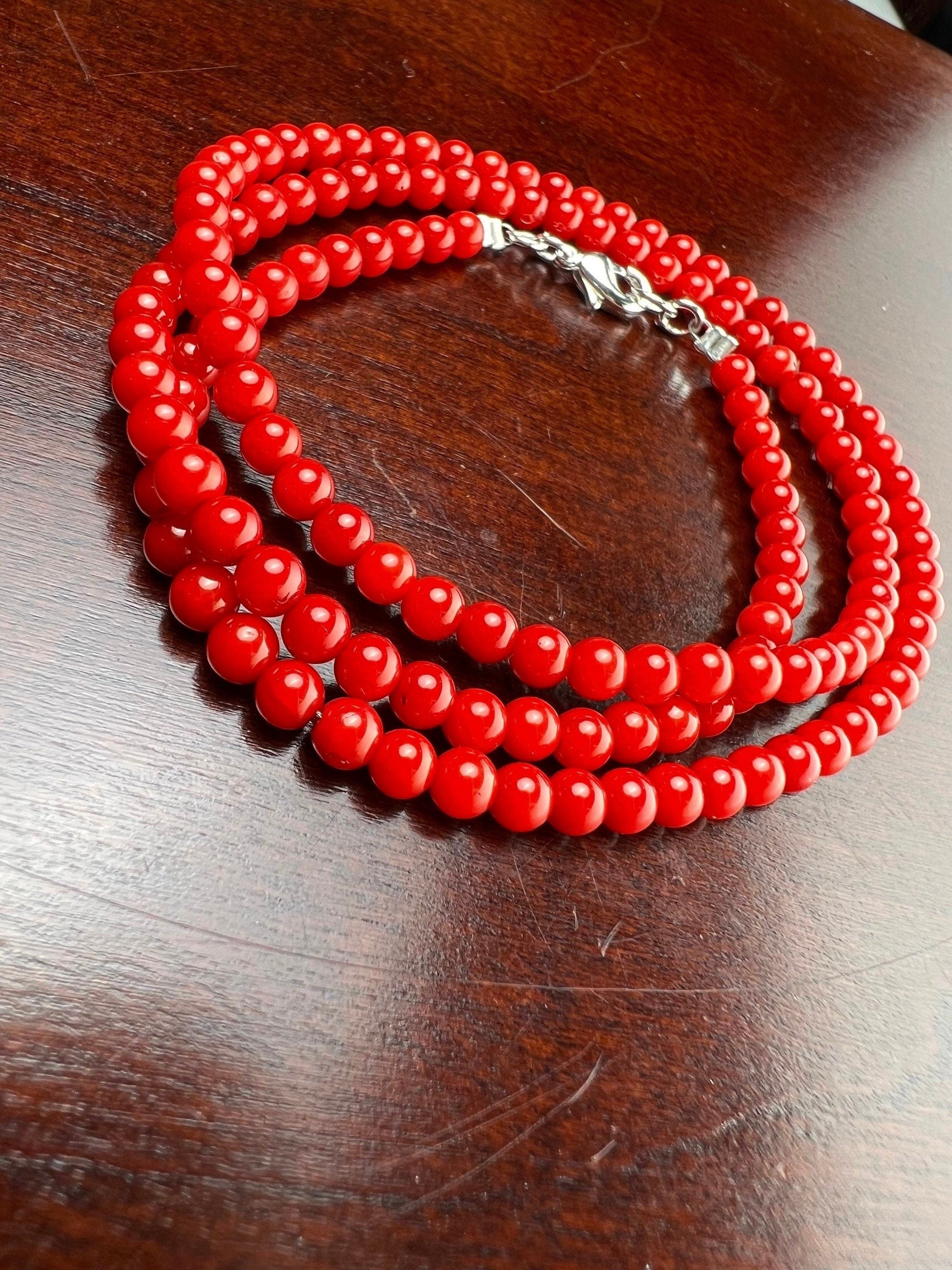 Bamboo Coral Red 4mm Smooth Round Genuine AAA Quality Necklace silver Lobster Clasp, Beach, Boho Gift for her,October Birthstone