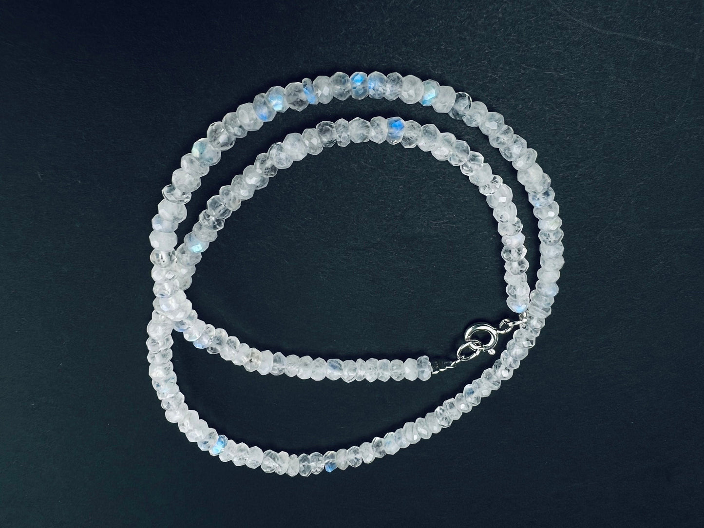 Natural Rainbow Moonstone 4.5-5mmFaceted Roundel 925 Sterling silver Necklace,Choker layering,prom,graduation June Birthstone, Precious Gift