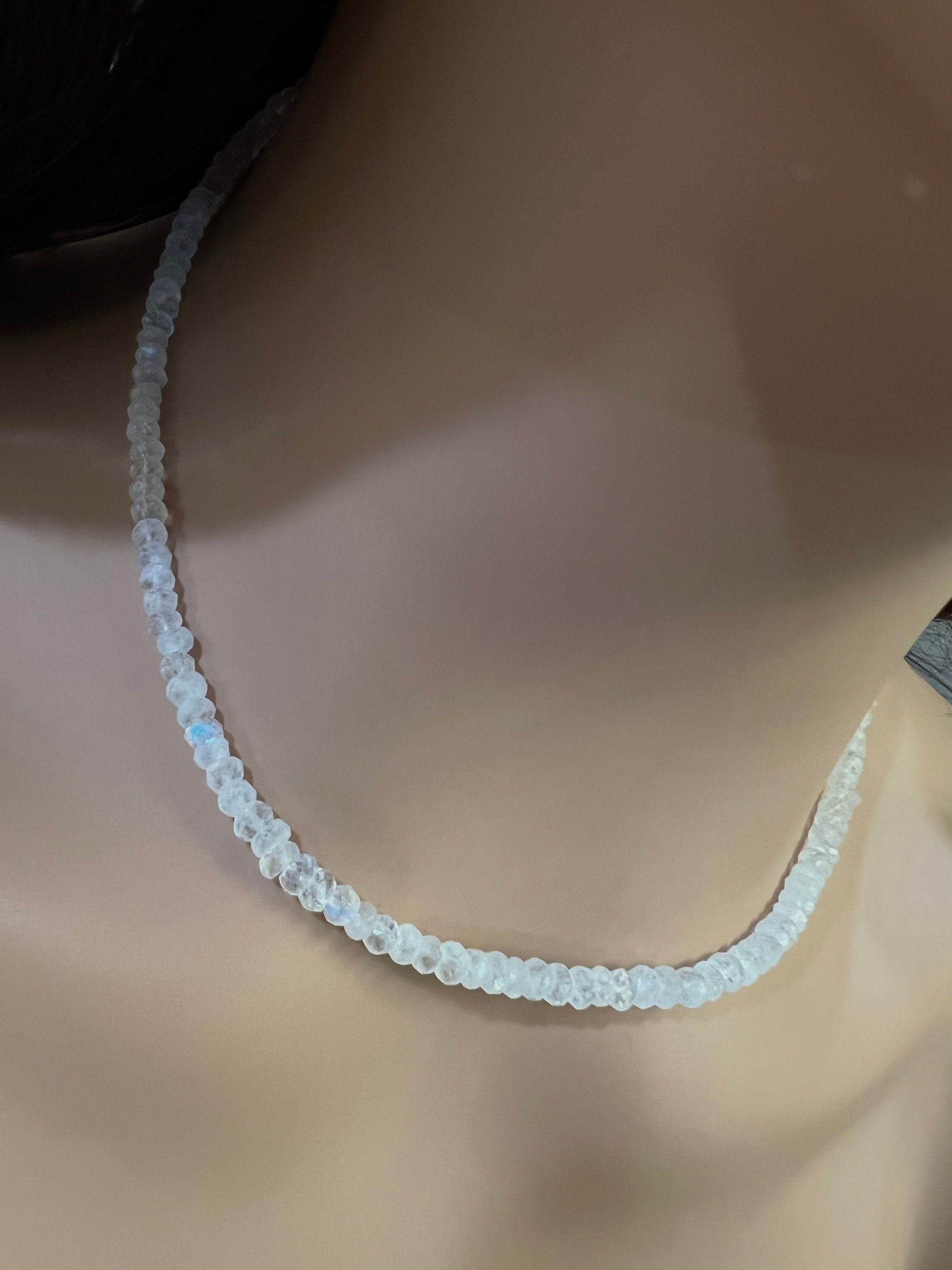 Natural Rainbow Moonstone 4.5-5mmFaceted Roundel 925 Sterling silver Necklace,Choker layering,prom,graduation June Birthstone, Precious Gift