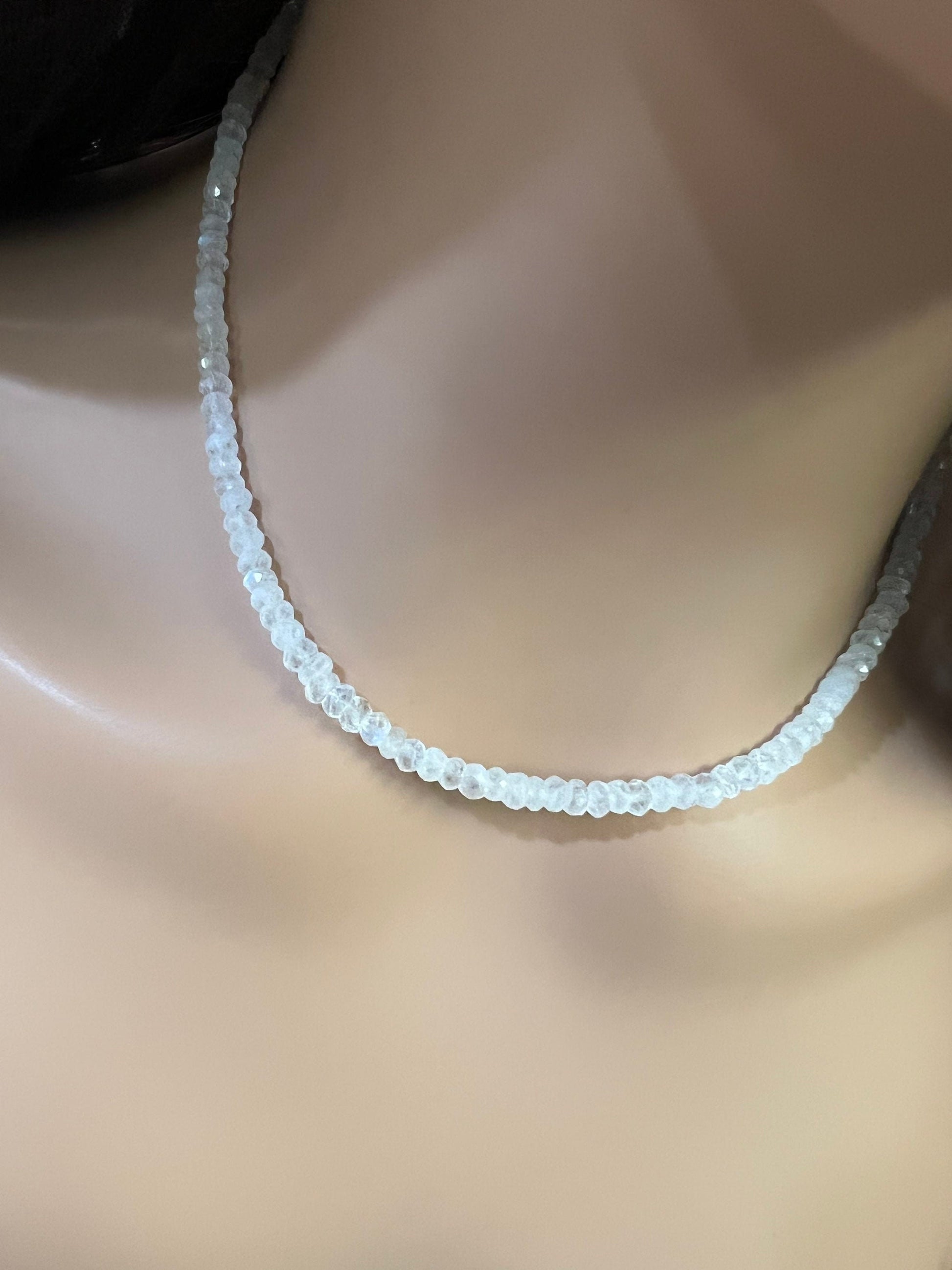 Natural Rainbow Moonstone 4.5-5mmFaceted Roundel 925 Sterling silver Necklace,Choker layering,prom,graduation June Birthstone, Precious Gift