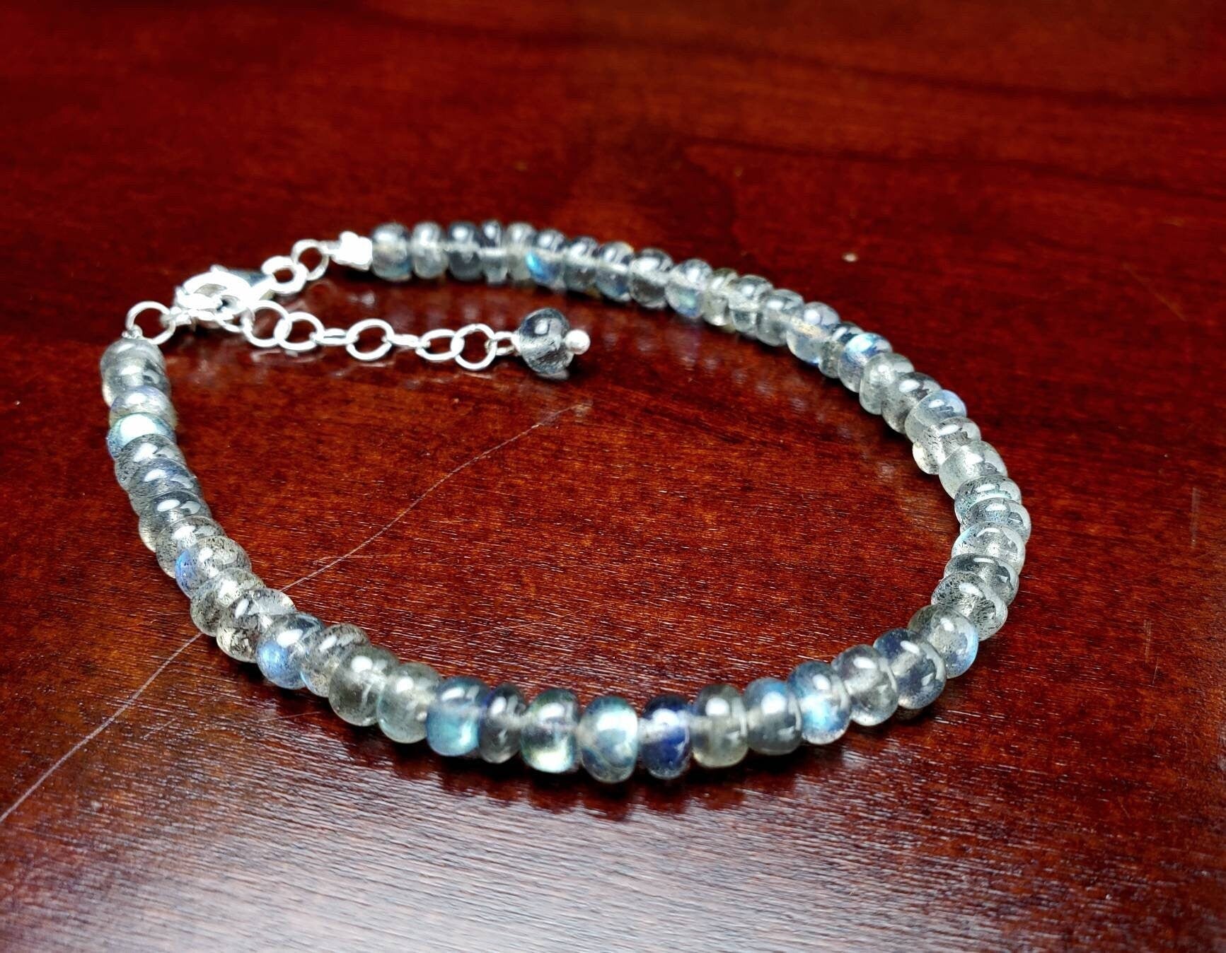 Labradorite Smooth Roundel 4.5mm Blue Flashy 925 Sterling Silver Bracelet with 1&quot; Extender, Gift for Woman, Chakra, Yoga Energy Healing gift