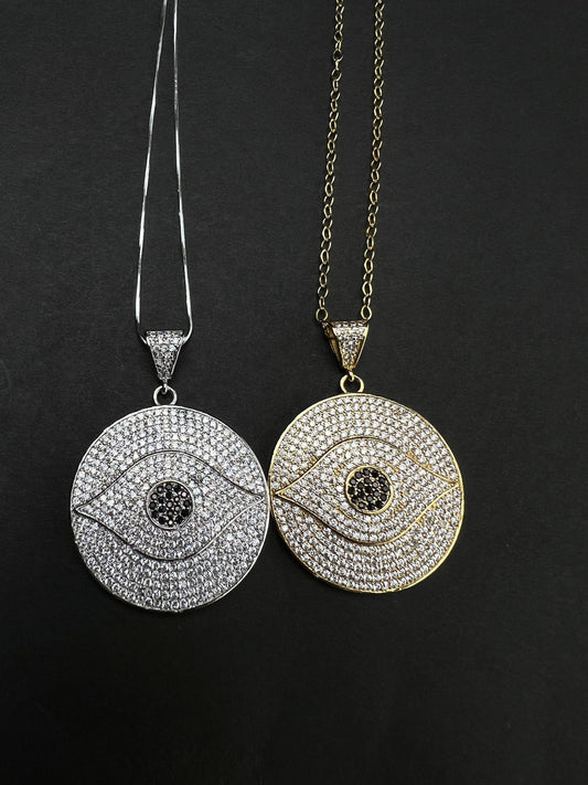 Cubic Zirconia Micro Pave CZ Diamond 32mm large Evil Eye Round Pendant with 925 Sterling Silver or 14K Gold Filled Necklace, Protection