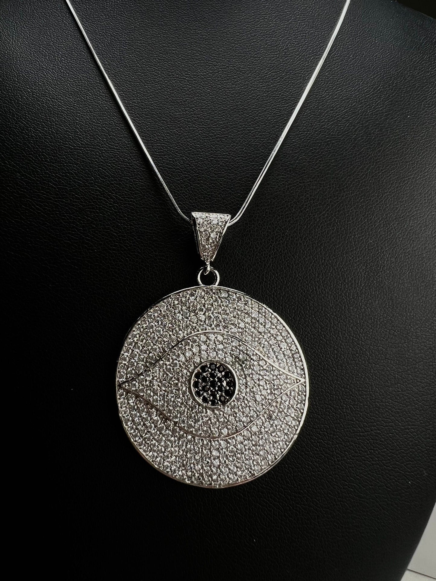 Cubic Zirconia Micro Pave CZ Diamond 32mm large Evil Eye Round Pendant with 925 Sterling Silver or 14K Gold Filled Necklace, Protection